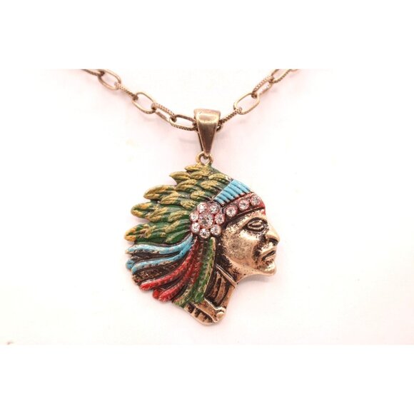 Vintage Native American Chief Headdress Pendant Necklace Rhinestone Enamel Paint - Picture 1 of 9